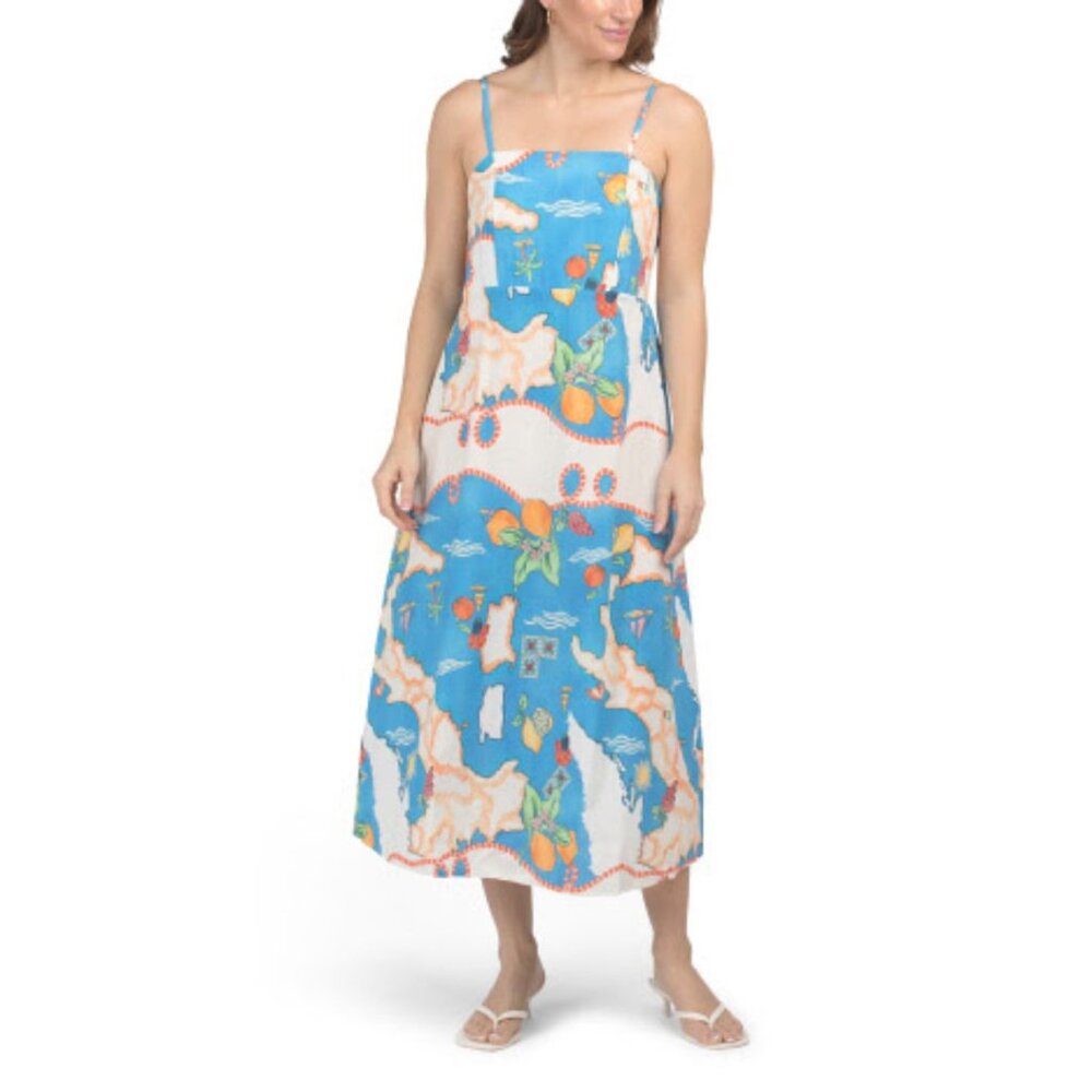 SPIGHE DI LINO NWT "Postcard" Sleeveless Empire Midi Dress Linen Blend Blue L